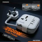 Porodo Blue Volga 2500W Universal Ac Socket With 2 Usb A And 1 Usb C - White