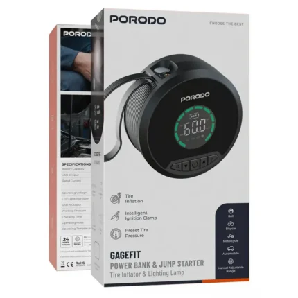 Porodo Sparkone 8000Mah Power Bank Jump Starter With Tire Inflator - Black
