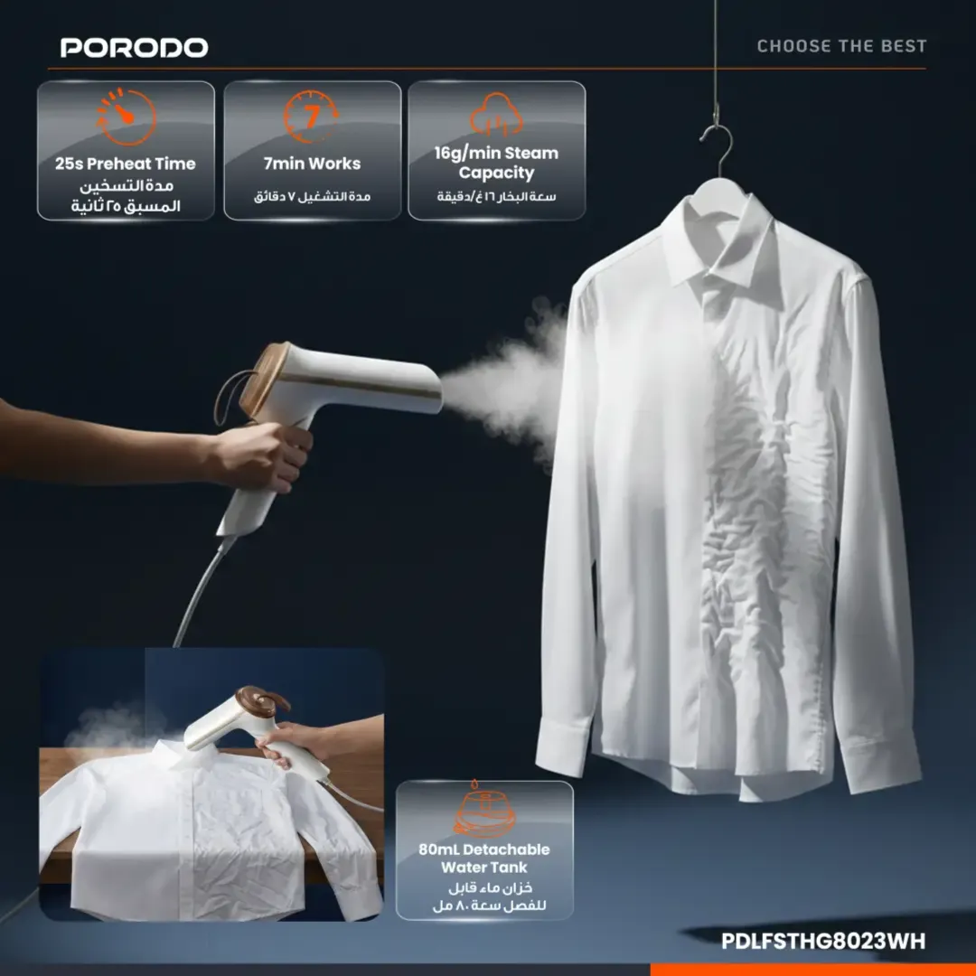 2a72fda8-cf1b-4782-b9ae-87c0a36e98d8_PDLFSTHG8023WH1.webp Porodo Lifestyle Thermia Mini Handheld Steamer - White - Image 1