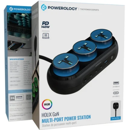 Powerology Holix Gan 3 In 1 160W 3 Uk Ac Socket With 5 Ports & Rgb Light - Gray