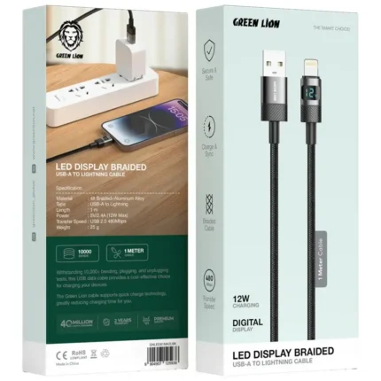 Green Lion Led Display Braided 1M Cable Usb-A To Lightning 12W - Black