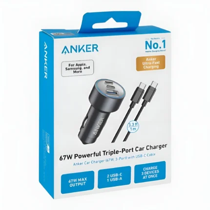 Anker 67W Powerful Triple-Port Car Charger With Usb Cable(67W,3-Port 3.3Ft. 1M)
