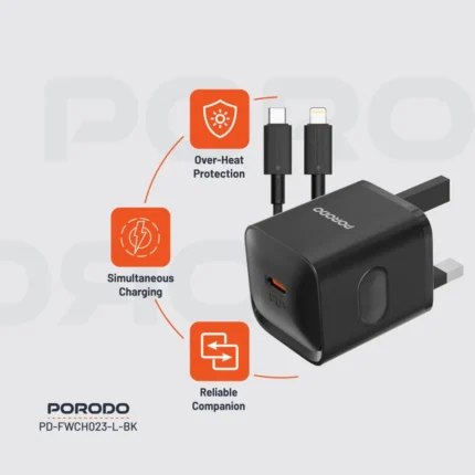 Porodo PD20W UK Charger with Type-C to Lightning Cable - Black