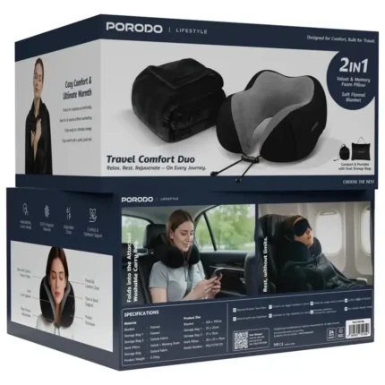 Porodo Lifestyle Travel Comfort Duo 2 In1 Travel Pillow And Blanket Kit- Black