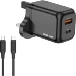 Green Lion Supra 22.5W Gan Uk Wall Charger Usb A&C , Usb C Cable - Black Grey