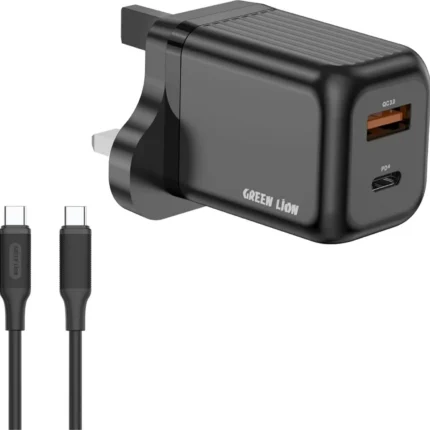 Green Lion Supra 22.5W Gan Uk Wall Charger Usb A&C , Usb C Cable - Black Grey