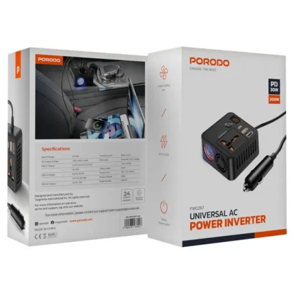 Porodo 200w Qc3.0 Pd+usb Universal Car Power Inverter 13cm Cable - Black