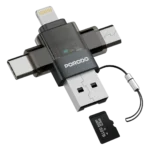 Porodo Minilink Transparent OTG Adapter with USB-C & Micro USB & Lightning & Memory Card- Grey