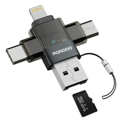 Porodo Minilink Transparent OTG Adapter with USB-C & Micro USB & Lightning & Memory Card- Grey