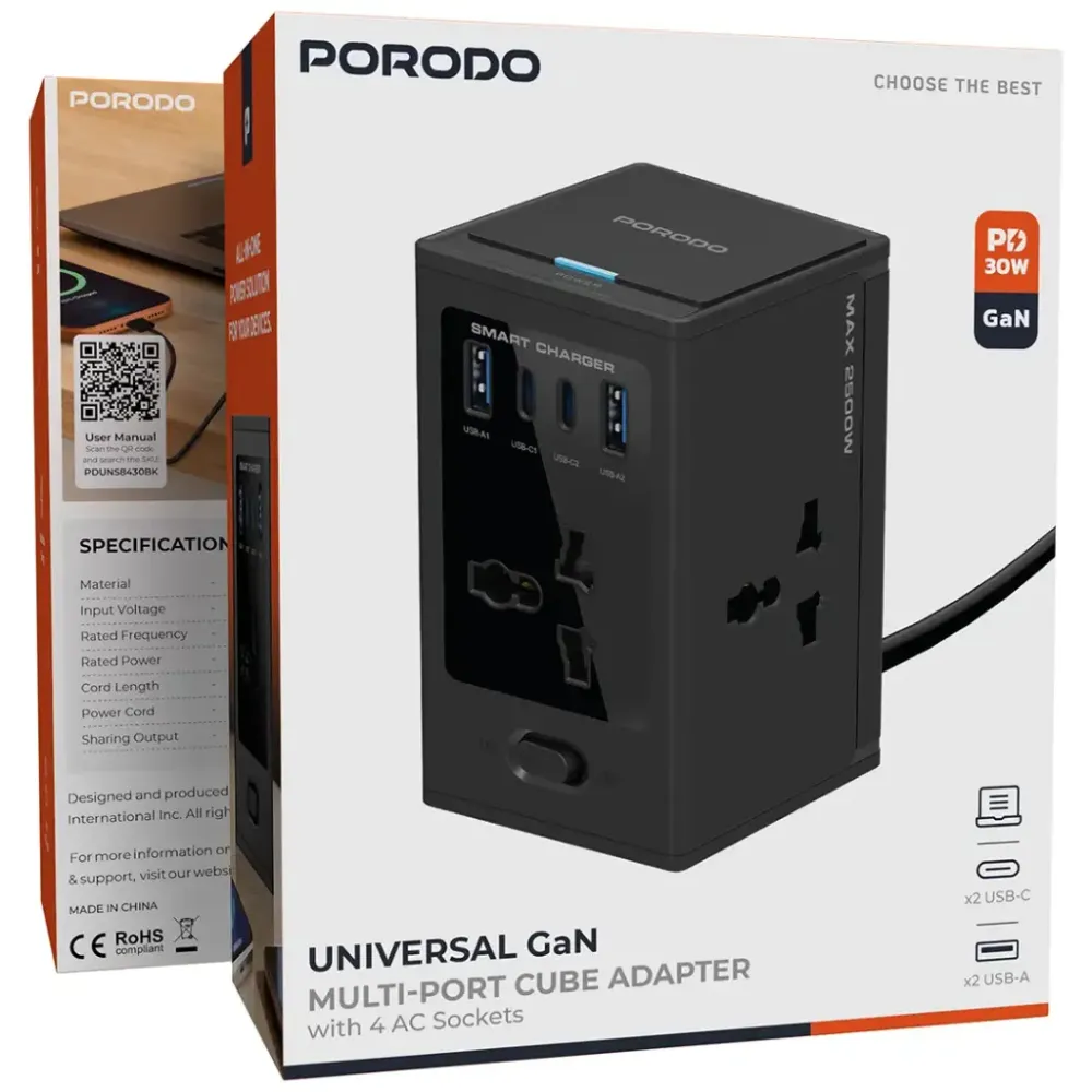 a955687b-c725-4e1d-a5f0-f71c4676855e_output.webp Porodo Cube Power Socket With Universal 4X Ac Plugs With 2C Gan 30W - Black - Image 1