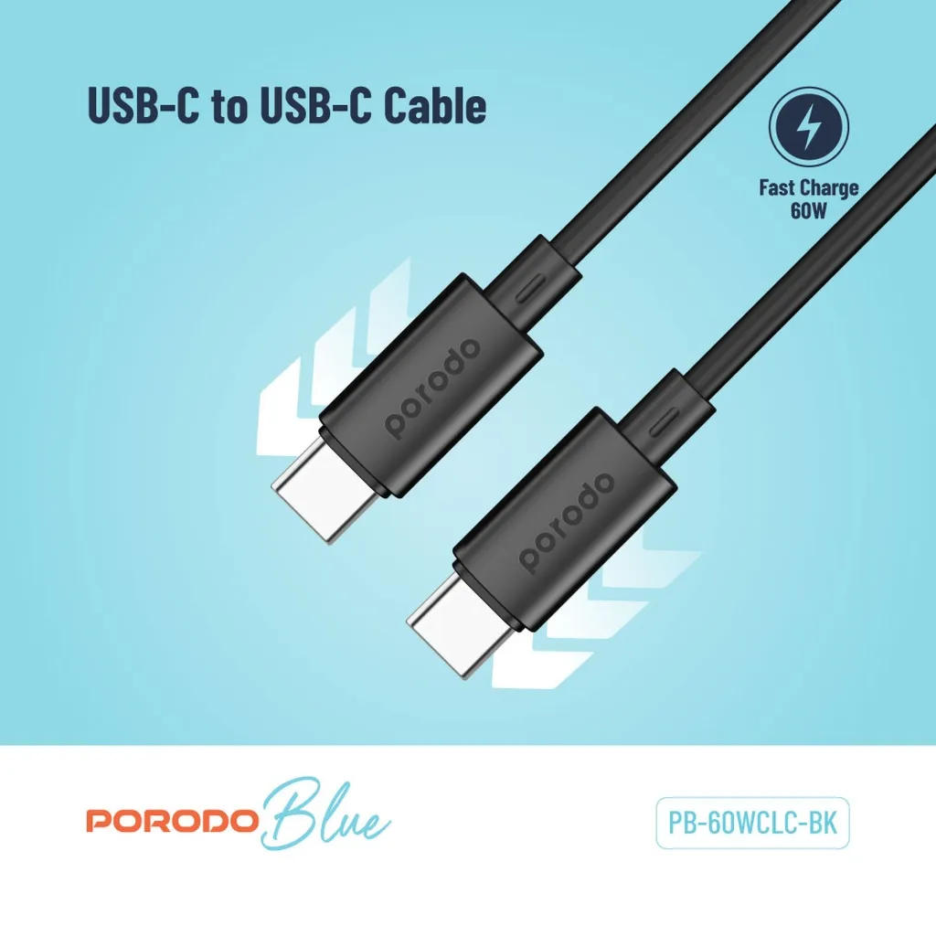 bfe5cb58-7a27-4872-9934-a32d4c3fd32e_PB60WCLCBK1.webp Porodo Blue 60W PD Type C to C PVC Cable 1.2M - Black - Image 1