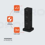 Porodo Pd20w Qc 3.0 1a +2 Type C Socket Tower 3m - Black - Image 3