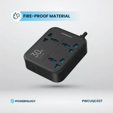 Powerology 30W Wall Socket Uk Plug 3 Ac 1 Usb-A 1 Usb-C With 2M Usb-C Cable - Black